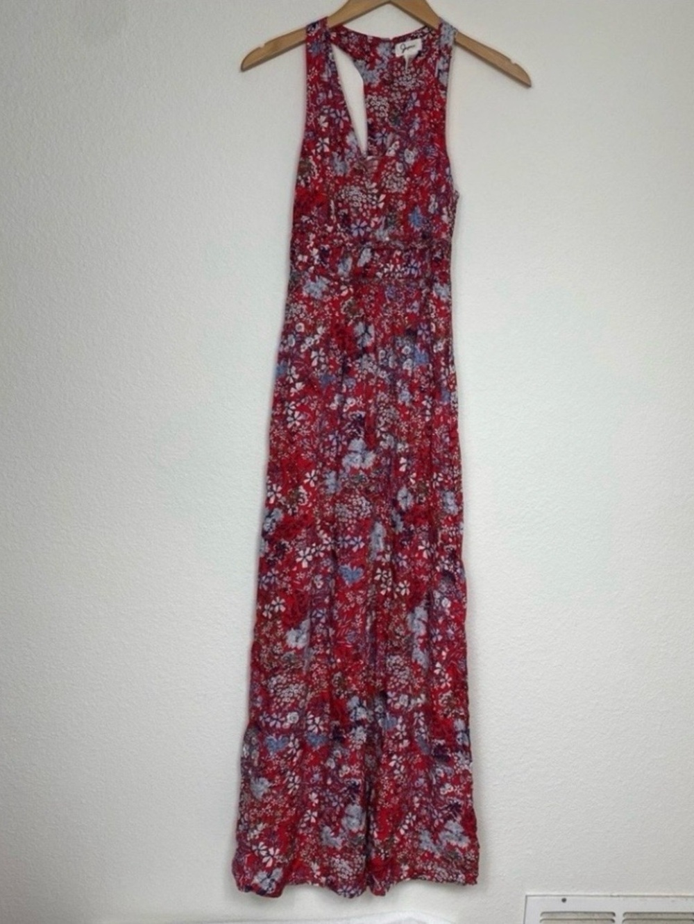 Japna Womens Red Floral Smock Back Rayon Maxi Dress Size XS Boho Tropical Hippie